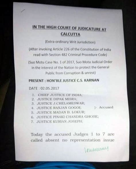 justice karnan issues non bailable warrant against cji khehar 6 supreme court judges