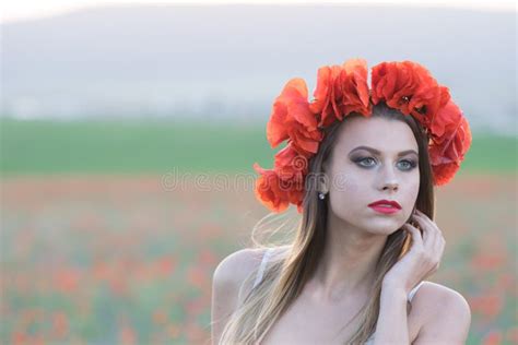 Young Pretty Woman In Poppy Fields Stock Image Image Of Meadow