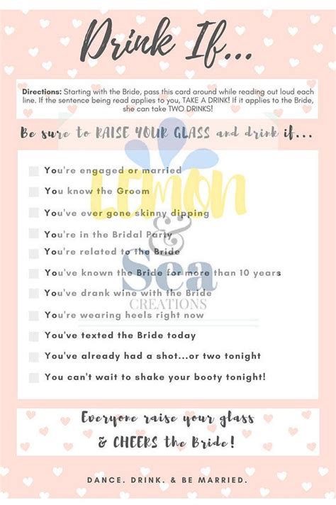 Bachelorette Party Drink If Game Printable