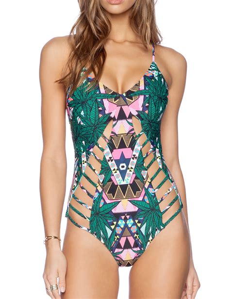 Women Floral Print One Piece Swimsuits Sexy Cut Out Swimwear Halter