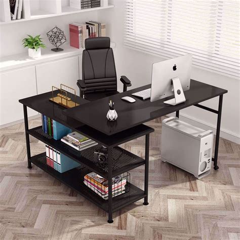 tribesigns modern  shaped desk  storage shelves rotating desk