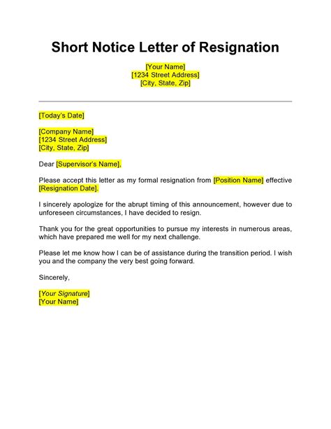 short notice resignation letters  templatearchive