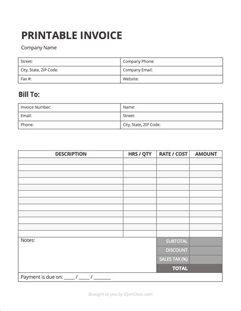 printable invoice template  word excel