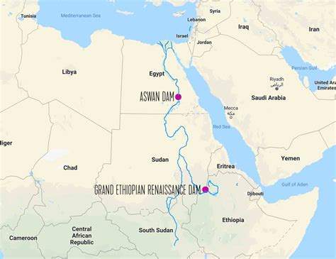 map showing  location   aswan dam  grand ethiopian
