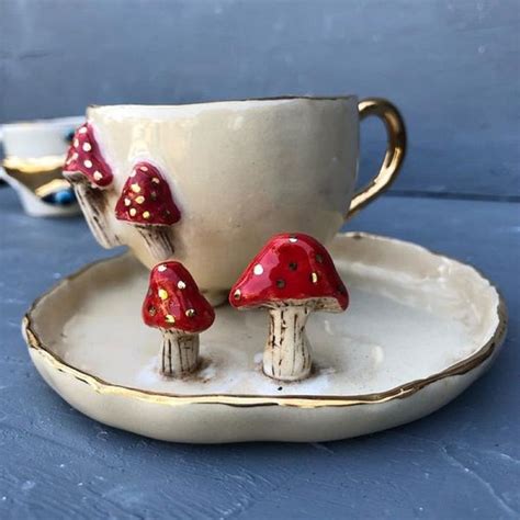 handmade mushroom ceramic cup  saucer  pottery cup  etsy   stuffed mushrooms