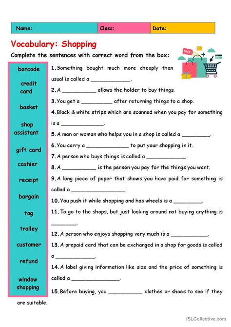 vocabulary shopping english esl worksheets