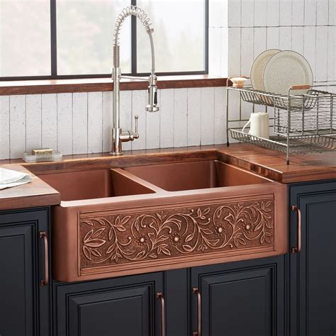 vine design  offset double bowl copper farmhouse sink