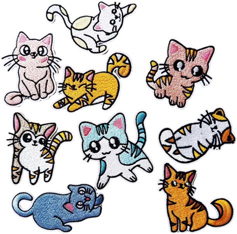 Embroidered Cat Patches Bundle 9pcs Funny Cartoon Smile