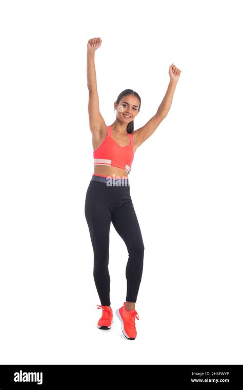 Sport Fitness Woman Excited Happy Smile Hold Raised Arms Hands Up