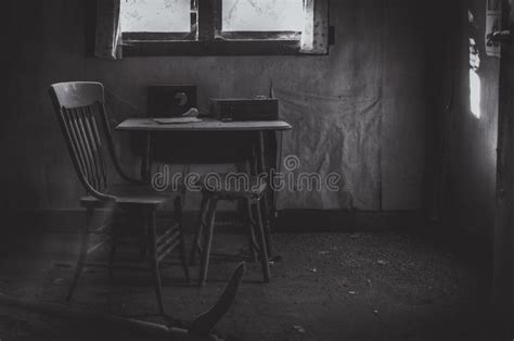 lonely kitchen table  chair stock photo image  radio abandoned