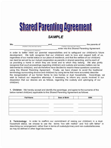 parenting agreement template  inspirational child custody agreement