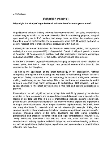 reflection paper     study  organizational behavior