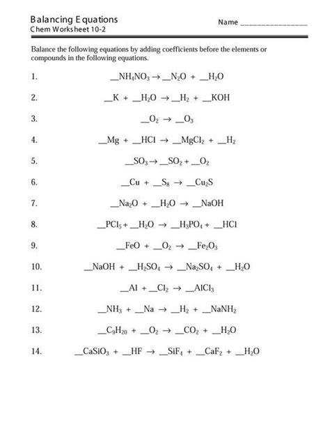 balancing chemical equations practice problems worksheet  answers