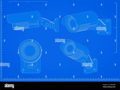 rendering security camera blueprint  scale  blue background
