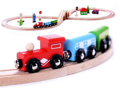 cubbie lee premium wooden train set toy double sided train tracks magnetic trains cars