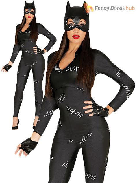 Donna Nero Costume Catwoman Per Adulti Sexy Halloween Fancy Dress