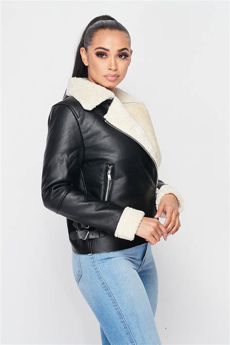 sherpa lined faux leather jacket black sohogirlcom