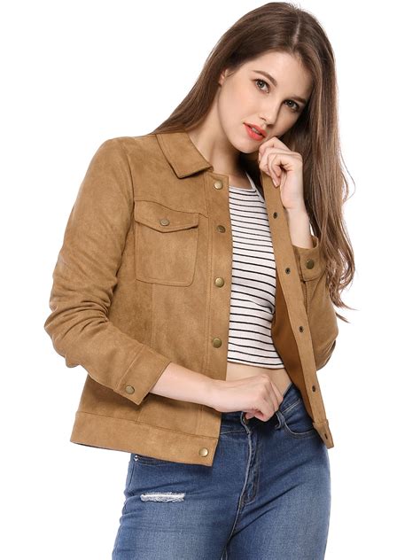 unique bargains unique bargains womens faux suede trucker jacket size   brown