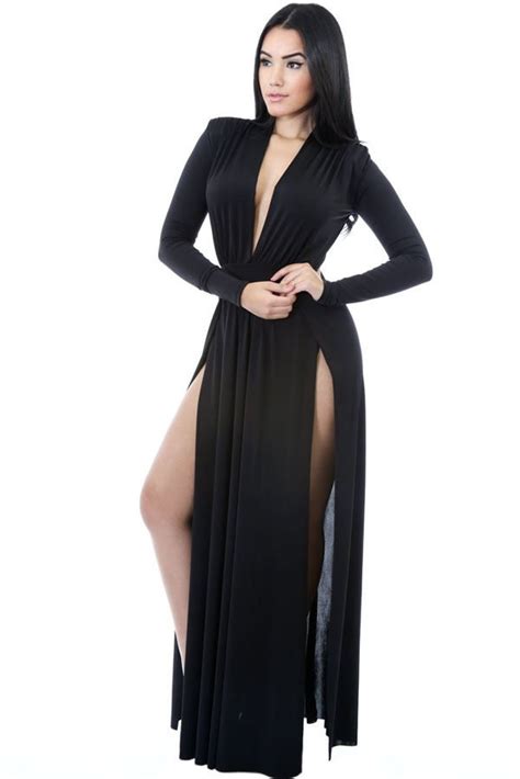 Women Long Sleeves Side Slit Sexy Black Maxi Dress Online Store For