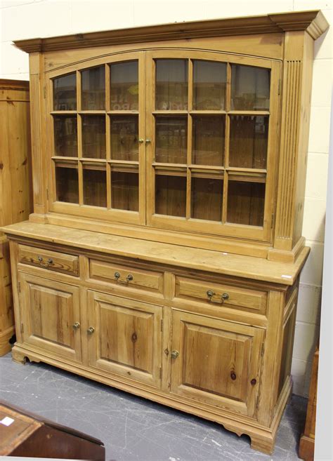 modern pine kitchen dresser  glazed cabinet   drawers  cupboards  bracket feet