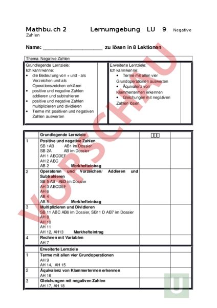 arbeitsblatt mathbuch  lu  negative zahlen mathematik