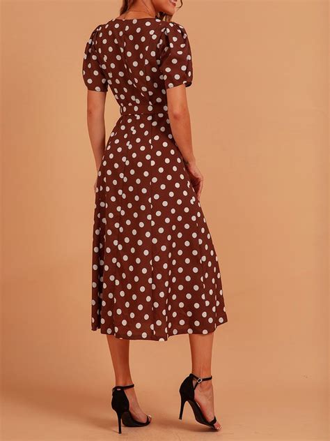 brown sweet v neck polka dots dresses dresses