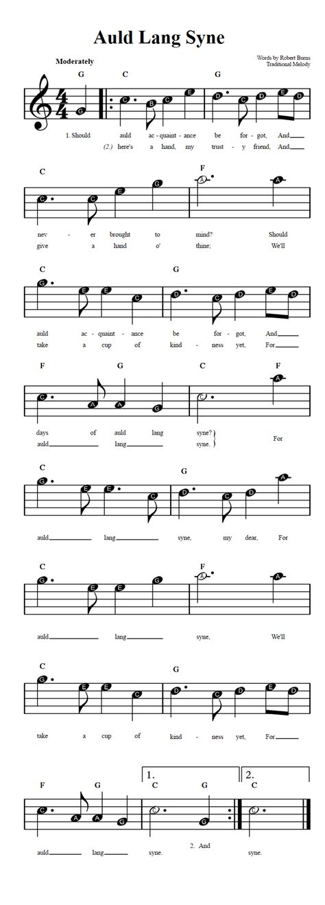 Auld Lang Syne Beginner Sheet Music With Chords And Lyrics