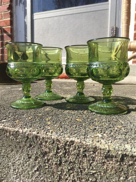 vintage green glass goblets crown pattern vintage barware etsy
