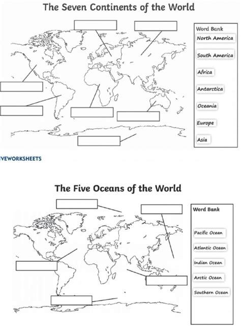 continents  oceans worksheet