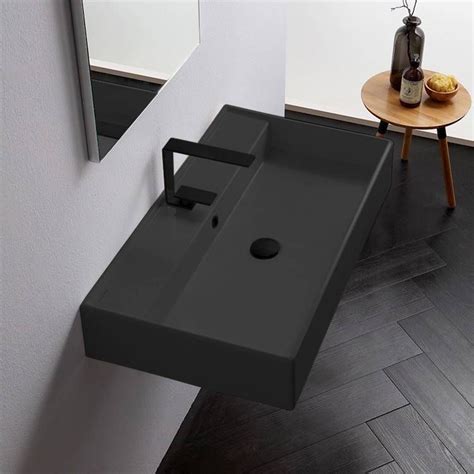 rectangular matte black ceramic wall mounted  vessel sink black