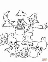 Coloring Halloween Pages Cute Ghosts Scene Scarecrow Supercoloring Drawing Printable sketch template