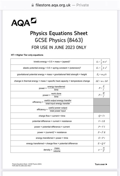 physics  equation sheet rgcse