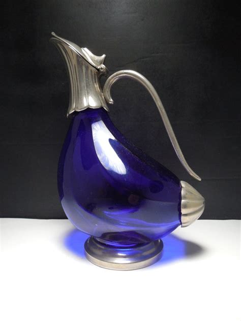 Cobalt Blue Glass Decanter With Silver Plated Sculptural