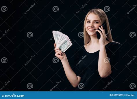 Woman With Money Cash Having Mobile Talk Stock Image Image Of