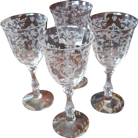 Set 4 Fostoria Navarre Etched Crystal Water Glasses Stems Goblets