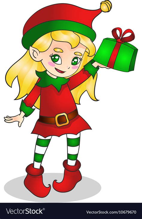 christmas elf girl character with present vector image