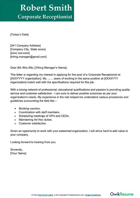 front desk receptionist cover letter examples qwikresume