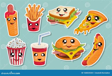 vector set  cute kawaii fast food kawaii faces cartoon fast food