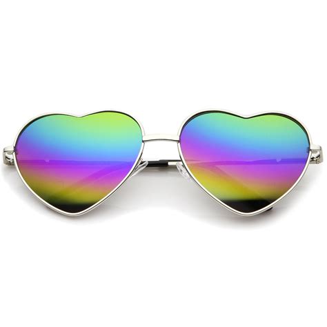 Sunglass La Women S Metal Frame Colored Mirror Rainbow Lens Heart