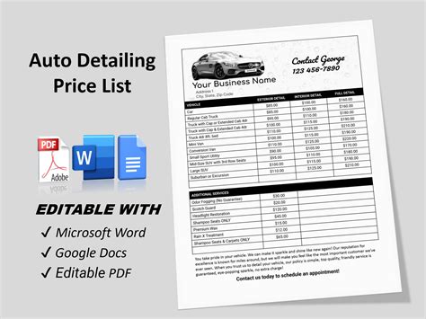 auto detailing price list mobile auto detailing price menu pricing guide detailing price