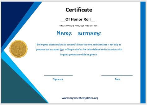 honor roll certificate templates  word templates