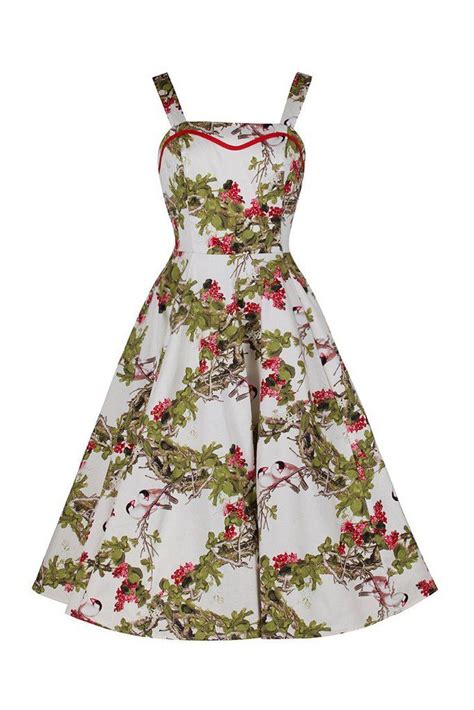 ivory white floral and bird print rockabilly 50s swing dress swing