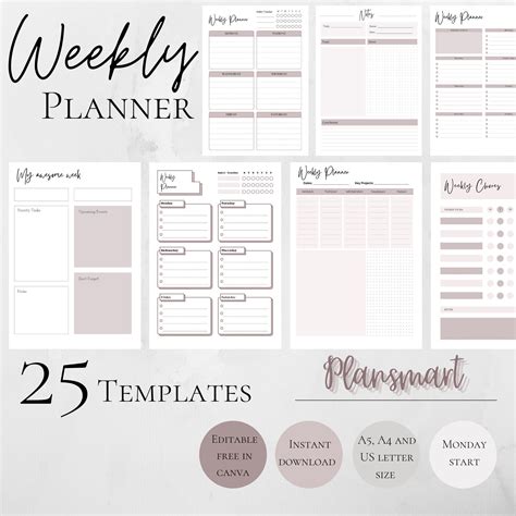 printable weekly planner templates canva customizable planner etsy