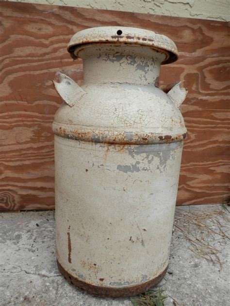 antique metal milk  milk jug  lid  white chippy etsy
