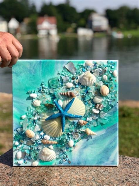 Free Shipping 12x12 Resin Geode Canvas With Beach Glass And Shells