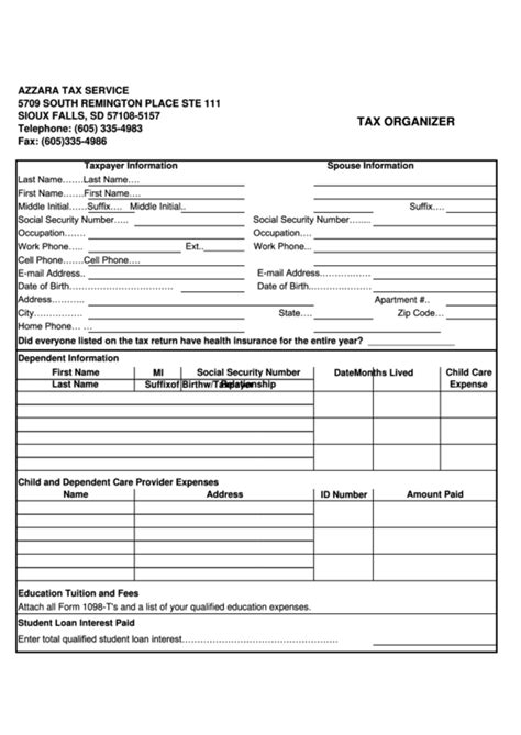 tax organizer template  printable