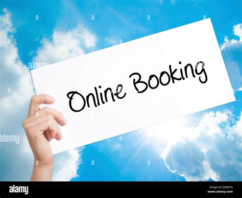 booking sign  white paper man hand holding paper  text isolated  sky background