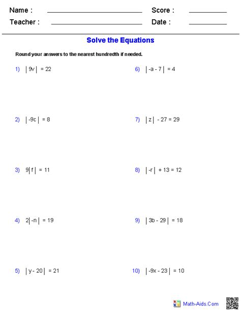 algebra  worksheets equations worksheets absolute  equations