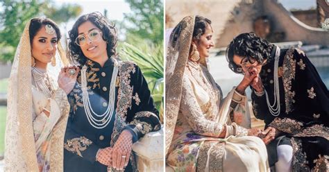 indian pakistani lesbian couple get married in traditional outfits