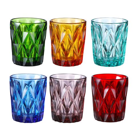 Colored Glass Drinkware 9 Ounce Water Glasses Multi Color Diamond
